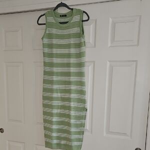 Sleeveless Striped Midi Dress in Light Green and White